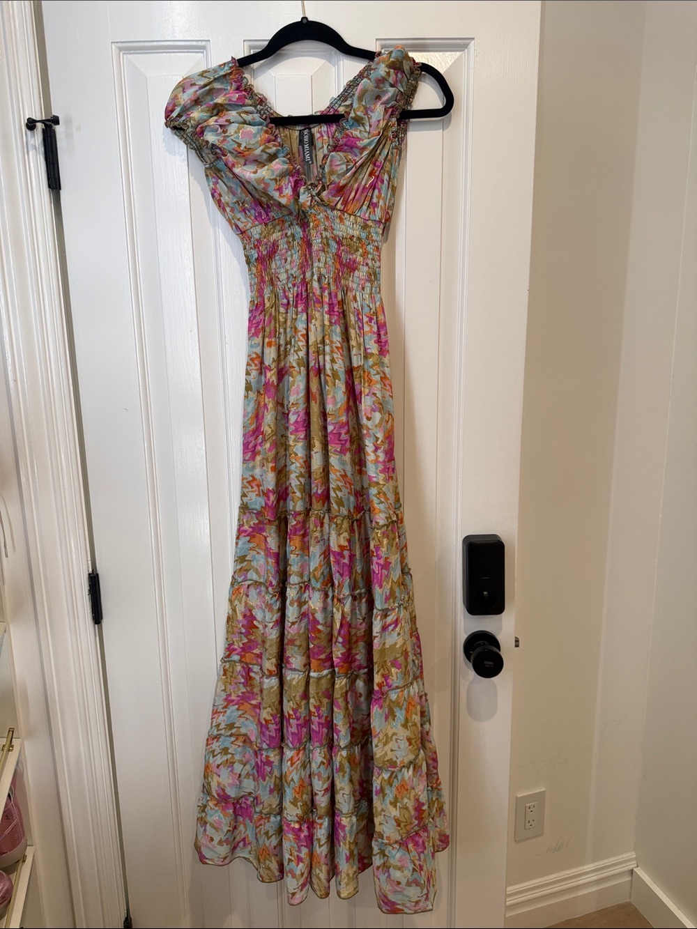 Boho Miami one size Floral Ruffle Maxi Dress in Pink & Green